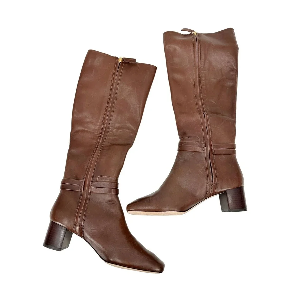 Tory Burch Brown Leather Square Heel Riding Boots Women Size 6 EXCELLENT